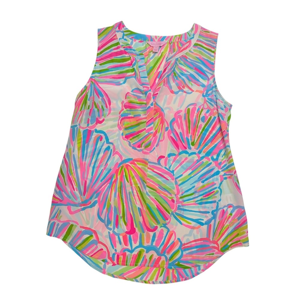 Lilly Pulitzer Elsa Silk Top Womens S Pink Blue Seashell Print Sleeveless - Picture 2 of 8